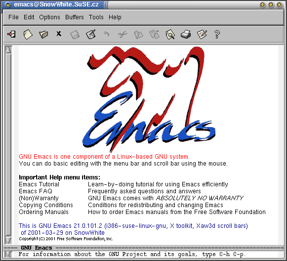 vodn obrazovka GNU Emacsu 21